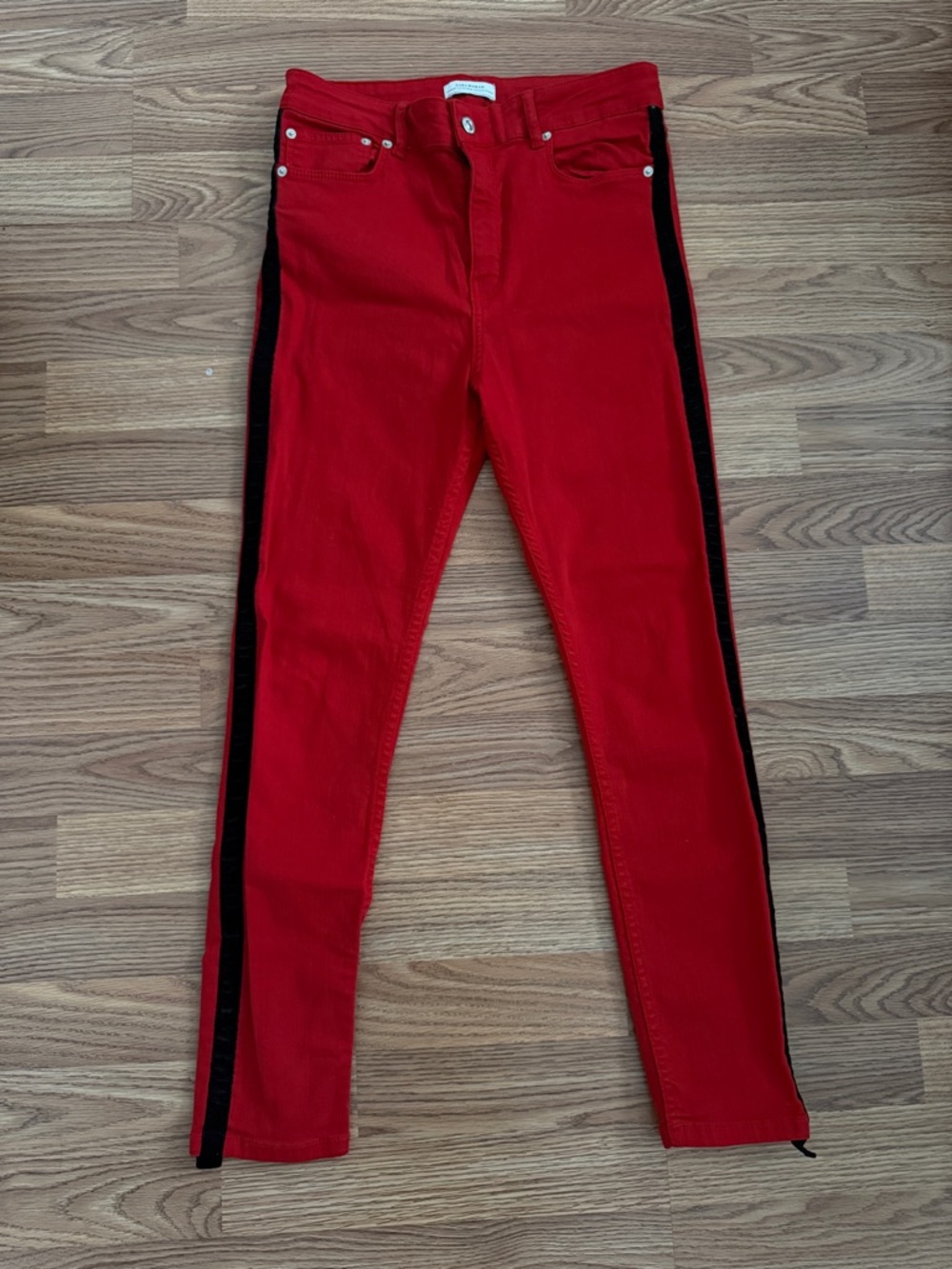 ZARA Red Skinny Jeans with Side Stripe High Waisted Stretch Pants